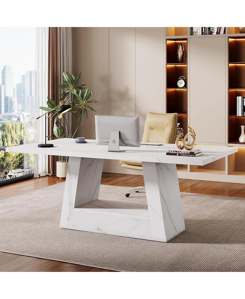 Tribesigns Modern Computer Desk, 63-Inch Large Office Simple Style Executive Desk Study Table with Sturdy Base, Wooden Faux Marble Writing