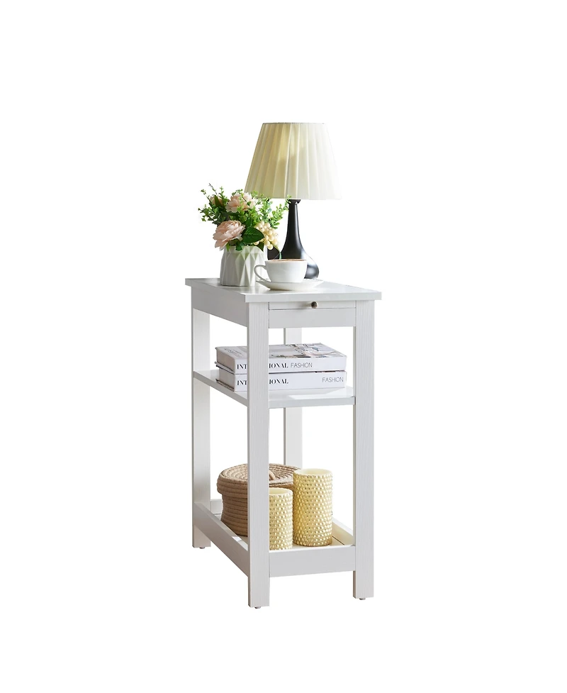 Kings Brand Furniture Slim Wood Side End Table with Storage Shelves & Pull-Out Tray, Nightstand for Bedroom, Living Room