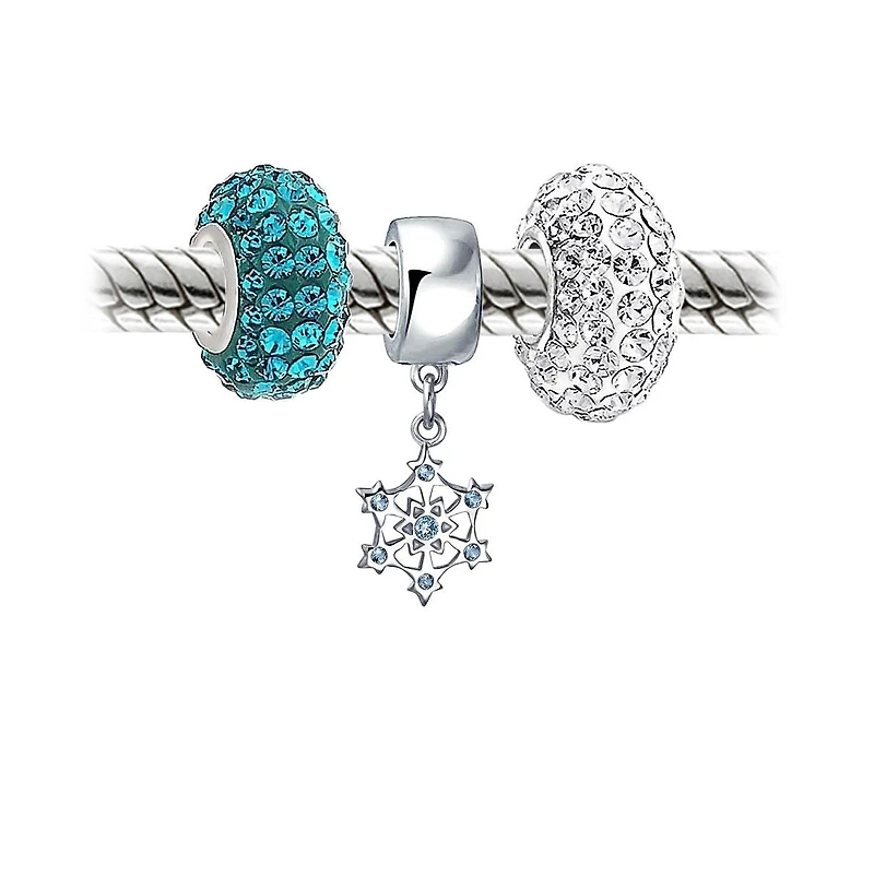 Bling Jewelry Blue White Crystal Cz Christmas Charm Bead Snowflake Sterling Silver for Bracelets