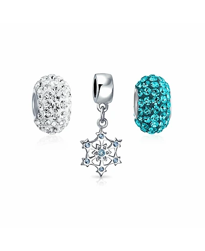 Bling Jewelry Blue White Crystal Cz Christmas Charm Bead Snowflake Sterling Silver for Bracelets