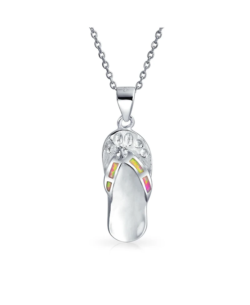 Bling Jewelry Pink Rainbow Created Opal Nautical Flip Flop Sandal Pendant Necklace .925 Sterling Silver