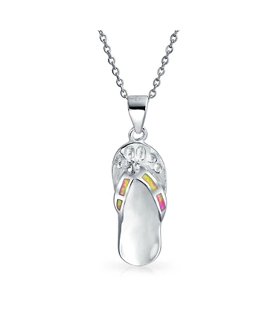 Bling Jewelry Pink Rainbow Created Opal Nautical Flip Flop Sandal Pendant Necklace .925 Sterling Silver