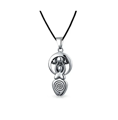 Bling Jewelry Ancient Divine Deity Celtic Goddess Of Fertility Pendant Necklace Oxidized .925 Sterling Silver Black Silk Cord