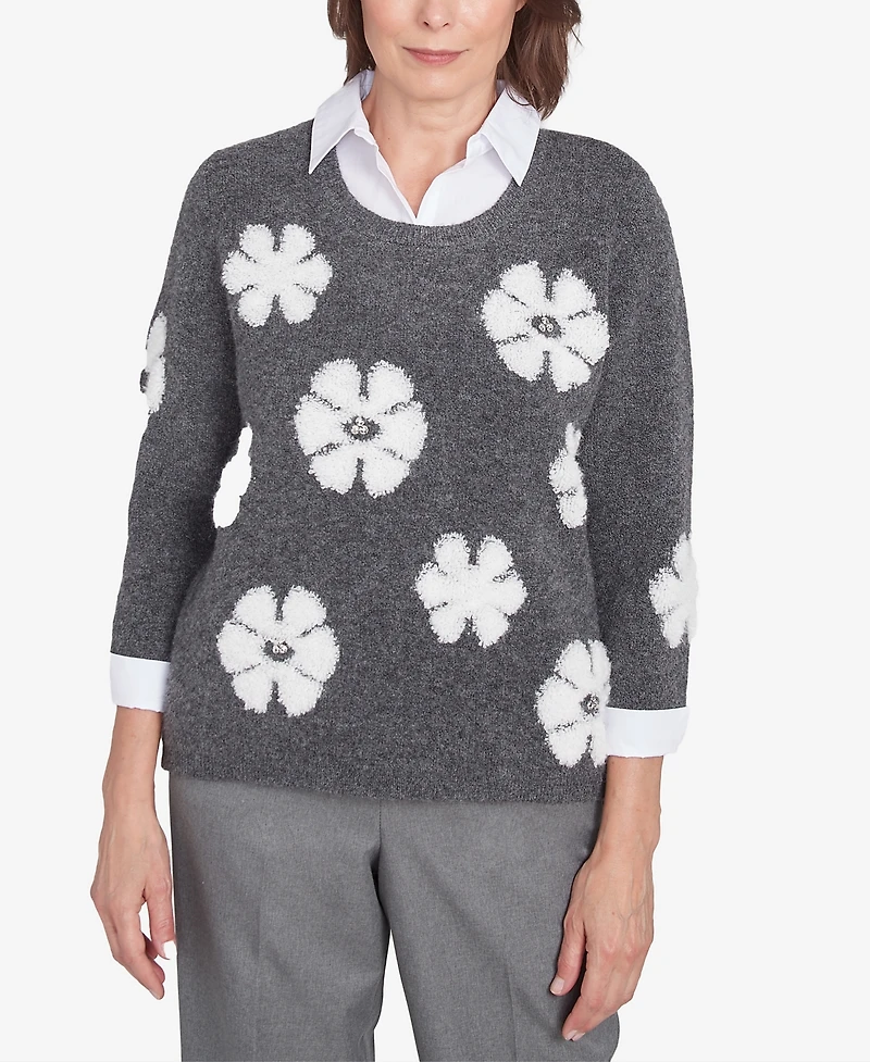 Alfred Dunner Women's Copenhagen Floral Collared Two in One Sweater