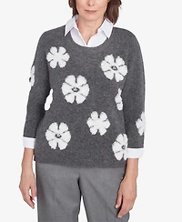 Alfred Dunner Women's Copenhagen Floral Collared Two in One Sweater
