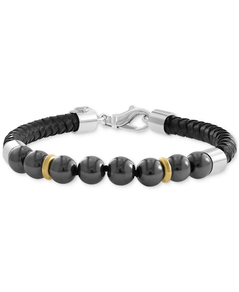 Effy Men's Hematite Bead Woven Leather Bracelet in Sterling Silver & 18k Gold-Plate
