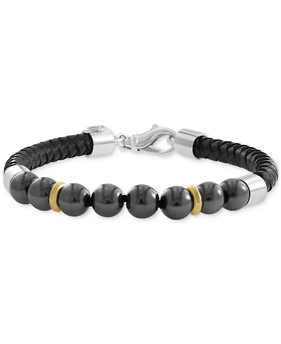 Effy Men's Hematite Bead Woven Leather Bracelet in Sterling Silver & 18k Gold-Plate