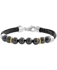 Effy Men's Hematite Bead Woven Leather Bracelet in Sterling Silver & 18k Gold-Plate