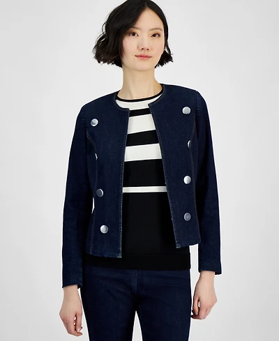 Anne Klein Women's Kiss Front Long-Sleeve Denim Jacket