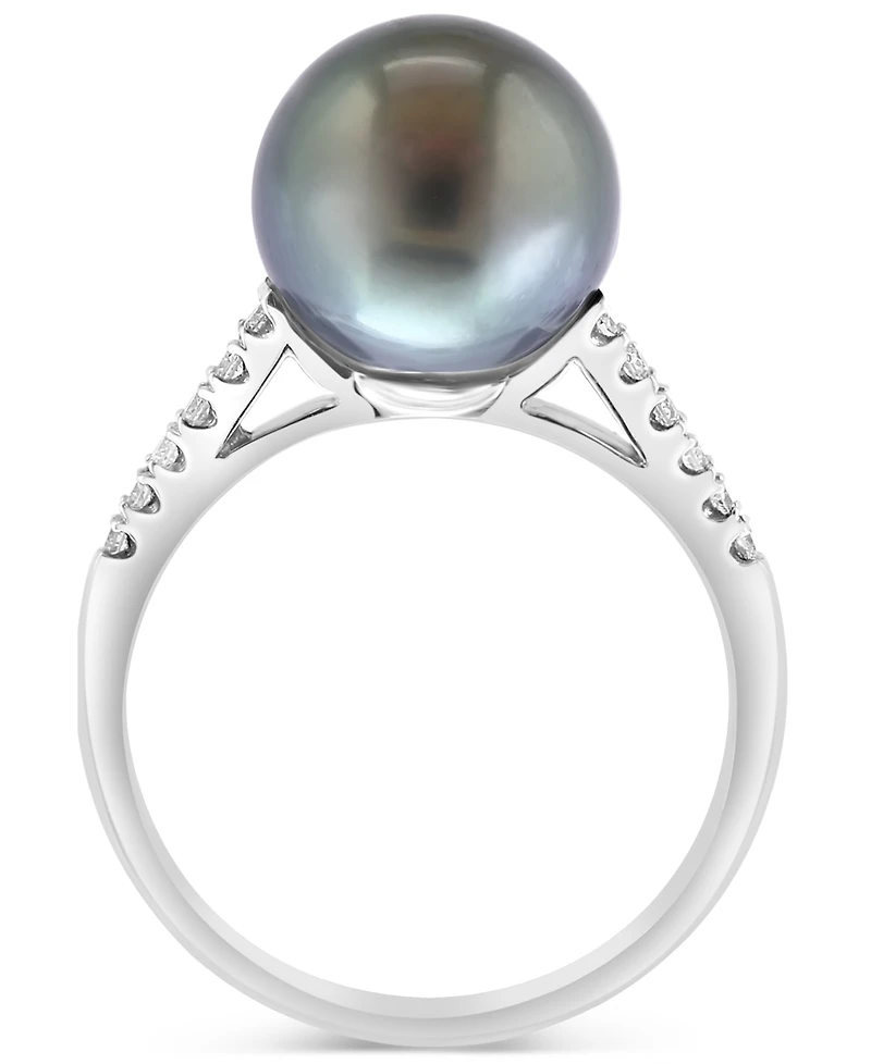 Effy Cultured Tahitian Pearl (10mm) & Diamond (1/10 ct. t.w.) Ring in 14k White Gold