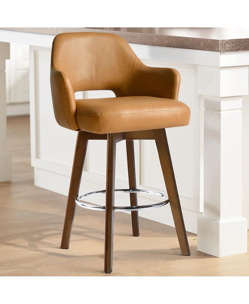 Maison Boucle 360° Swivel Armrest Faux Leather Counter Height Barstool with Rubberwood Legs(Set Of 3)-Maison Boucle