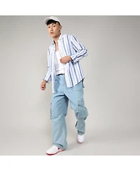 Campus Sutra Men's Sky Blue & Chalk White Striped Fringe Shirt