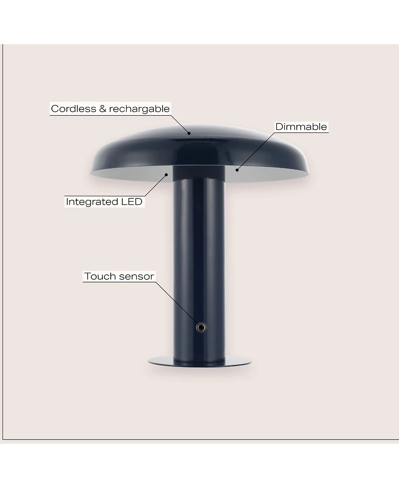 Jonathan Y Suillius 11" Contemporary Bohemian Rechargeable/Cordless Iron Dimmable Integrated Led Mushroom Table Lamp, Navy