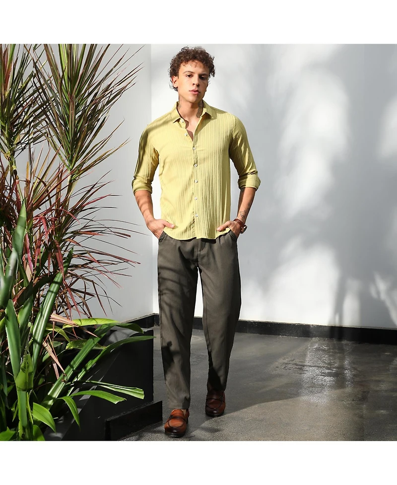 Campus Sutra Men's Naples Yellow Self-Design Striped Shirt