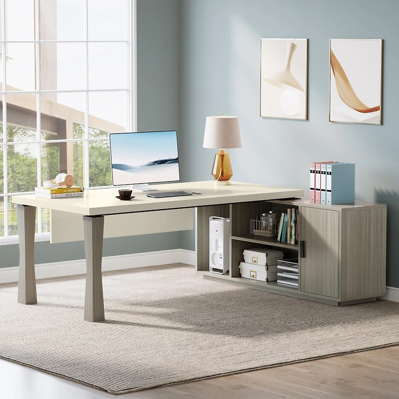 Tribesigns 71-Inch Executive Desk, L-Shaped Desk with Cabinet, Large Office Storage Shelves, Writing Table Business Furniture Set
