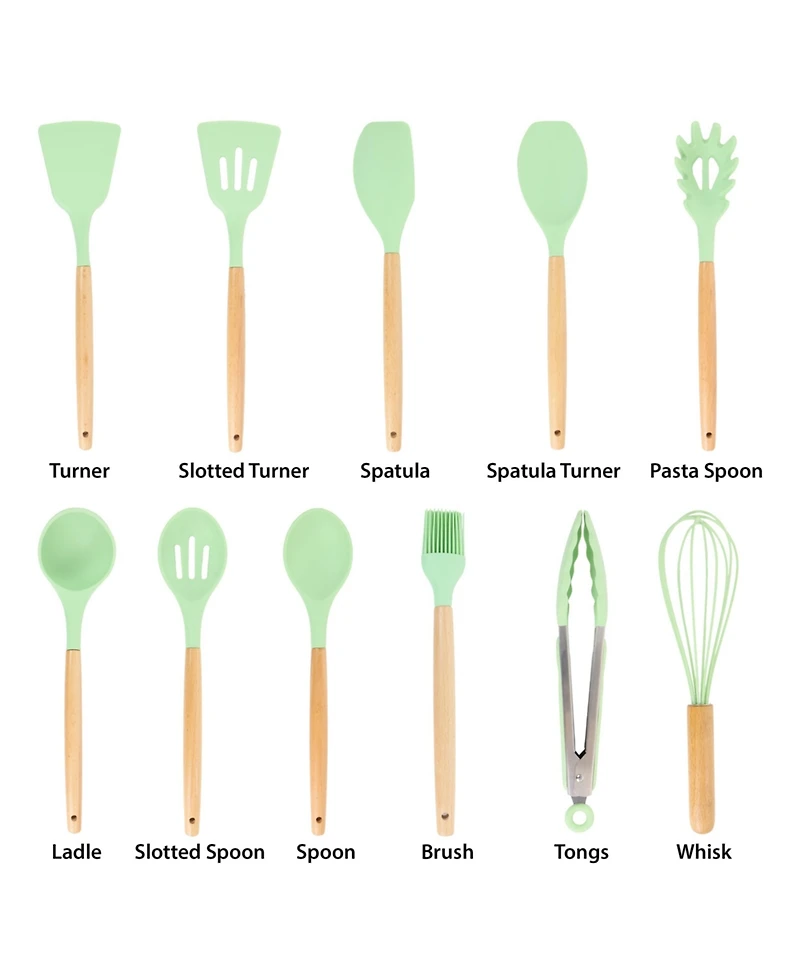 MegaChef Mint Green Silicone and Wood Cooking Utensils, Set of 12