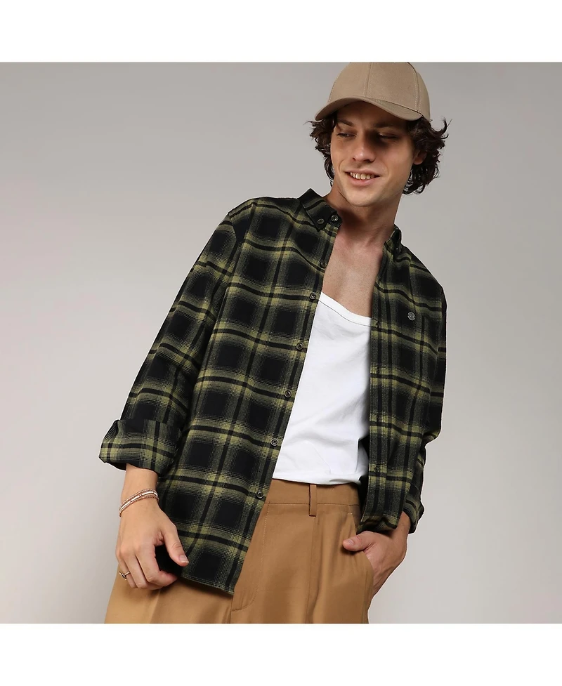 Men's Midnight Black & Sage Green Brushed Buffalo Check Shirt