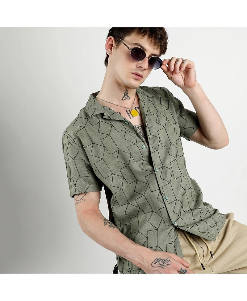 Men's Olive Green Embroidered Geometric-Lined Shirt