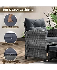 5 Piece Patio Rattan Furniture with 2 Ottomans & Tempered Glass Coffee Table