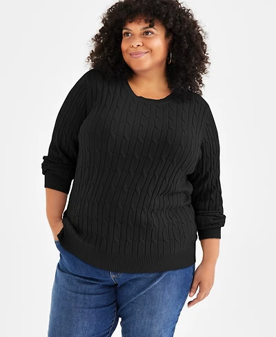 Style & Co Plus Size Cotton Cable-Knit Crewneck Sweater, Macy's Exclusive