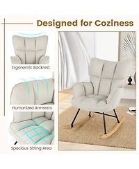 Linen Nursery Rocking Chair with High Backrest Padded Armrests & Seat for Nursery Light