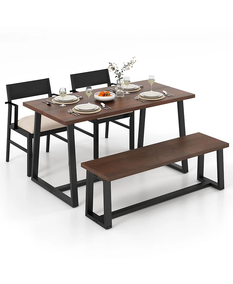 4 Pieces Dining Table Set Kitchen Table with 2 Armchairs & 1 Bench for 4