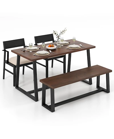 4 Pieces Dining Table Set Kitchen Table with 2 Armchairs & 1 Bench for 4