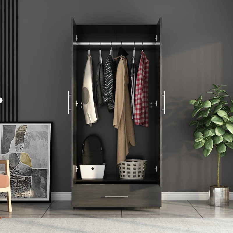 Famapy White 2-Door Wardrobe Armoire with 1-Drawers and Hanging Rod