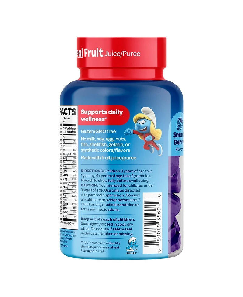Smurfs Multivitamin Kids Vitamin Gummies, Includes 15 Daily Vitamins & Minerals Berry Flavored, 60ct