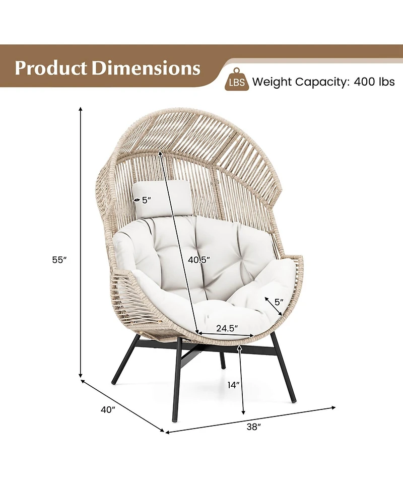 Oversized Egg Style Chair with Cushions & Headrest Heavy-Duty Metal Frame for Yard