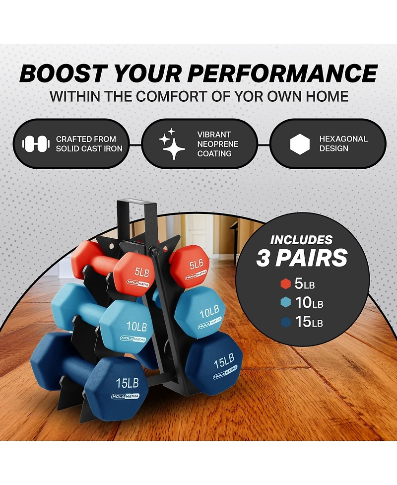 HolaHatha 5, 10, and 15 Pound Neoprene Dumbbell Weight Set with Storage Rack