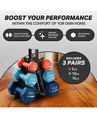 HolaHatha 5, 10, and 15 Pound Neoprene Dumbbell Weight Set with Storage Rack
