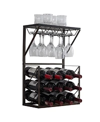 Kings Brand Furniture - 12 Bottles Countertop Wine Rack Stand with Glass Holder, Wine Storage Cabinet Shelf, Pewter/Marble