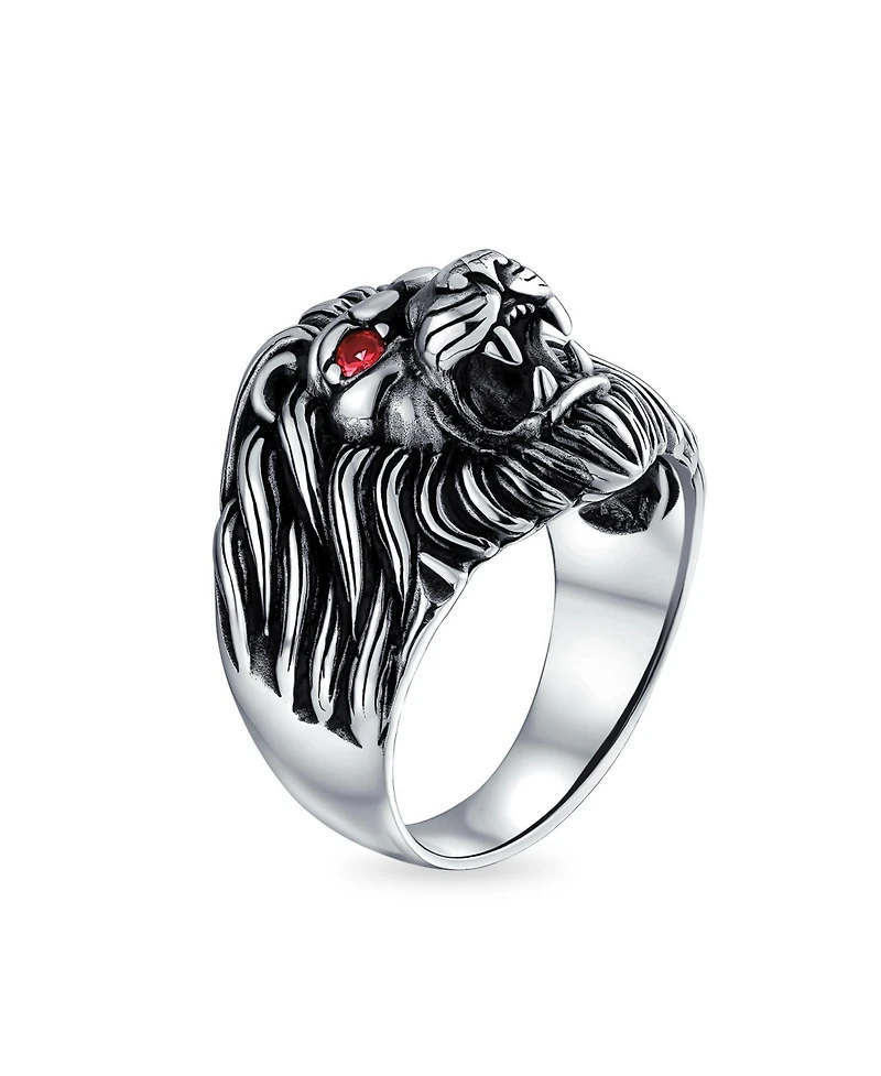 Bling Jewelry Red Crystal Eyes Roaring King Of Jungle Lion Ring Solid Oxidized .925 Sterling Silver