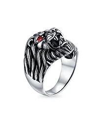 Bling Jewelry Red Crystal Eyes Roaring King Of Jungle Lion Ring Solid Oxidized .925 Sterling Silver