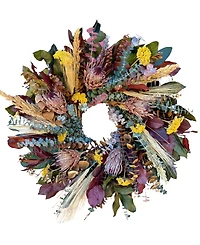 GreenishBlu Real Preserved Wreath Salal Brown, Red, Wheat, Sorghum, Dried Pink Ice Protea Flower, Baby Blue Eucalyptus and Yellow Yarrow, 22"