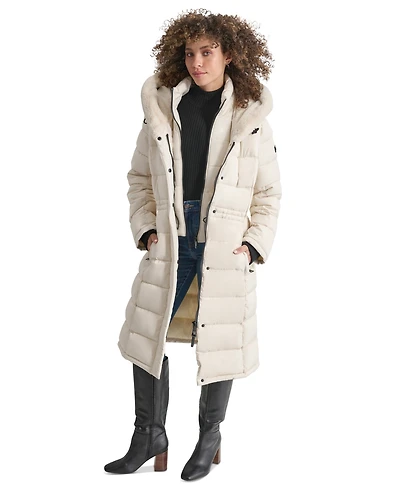 Dkny Women's Faux-Fur-Trim Hooded Bibbed Puffer Coat