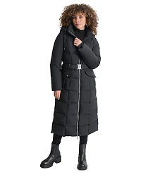 Dkny Womens Maxi Belted Hooded Puffer Coat