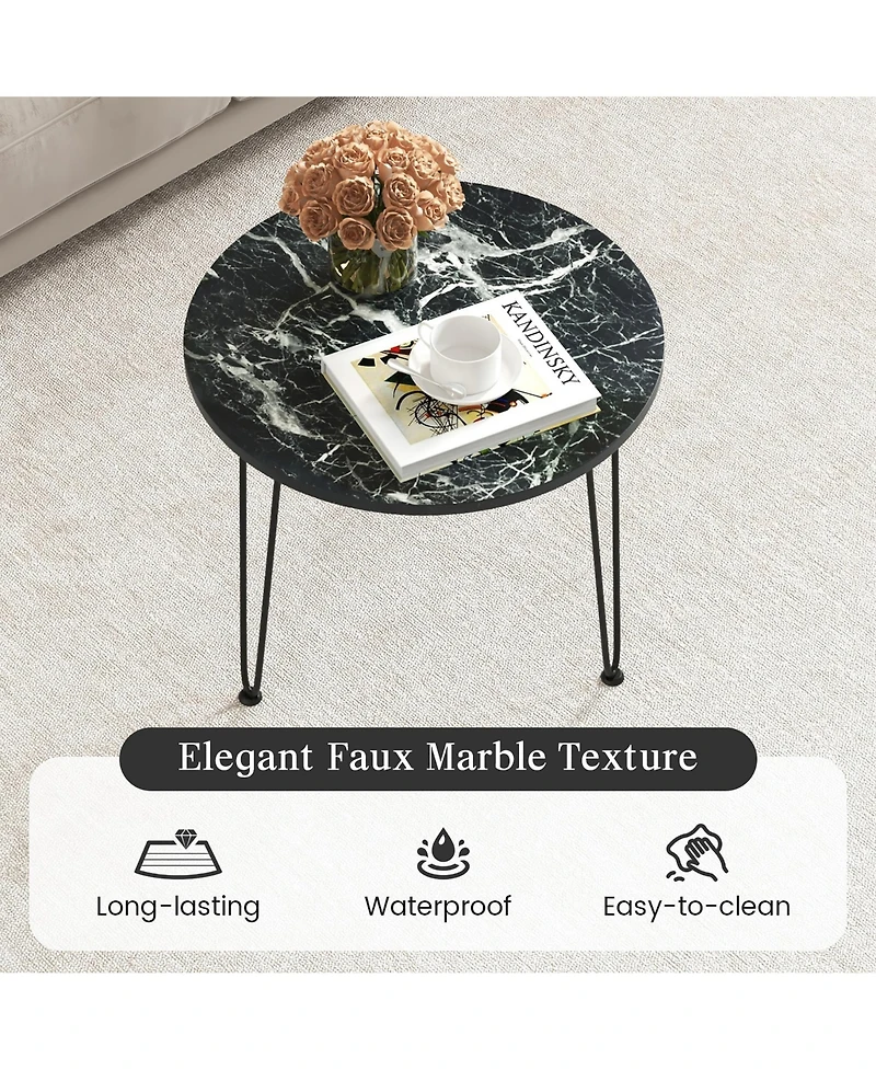 Gymax Small Round Coffee Table w/ Thickened Tabletop & Metal Tripod Legs Faux Marble Black