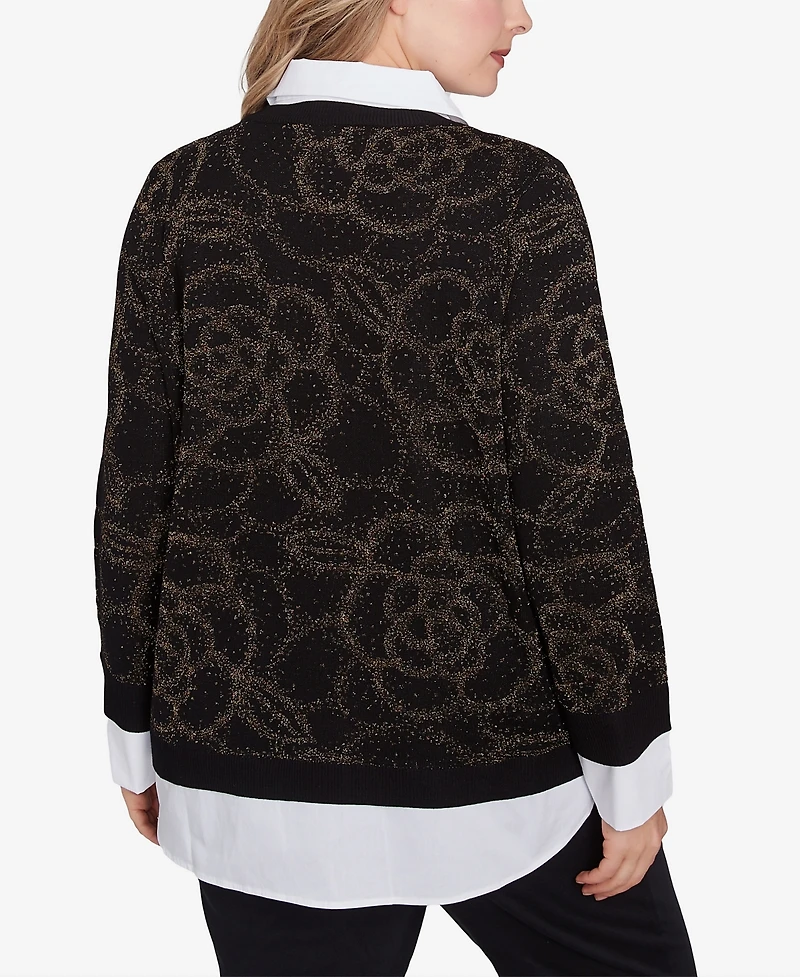 Ruby Rd. Plus Size Metallic Floral Layered Shirt Collar Sweater