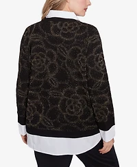 Ruby Rd. Plus Size Metallic Floral Layered Shirt Collar Sweater