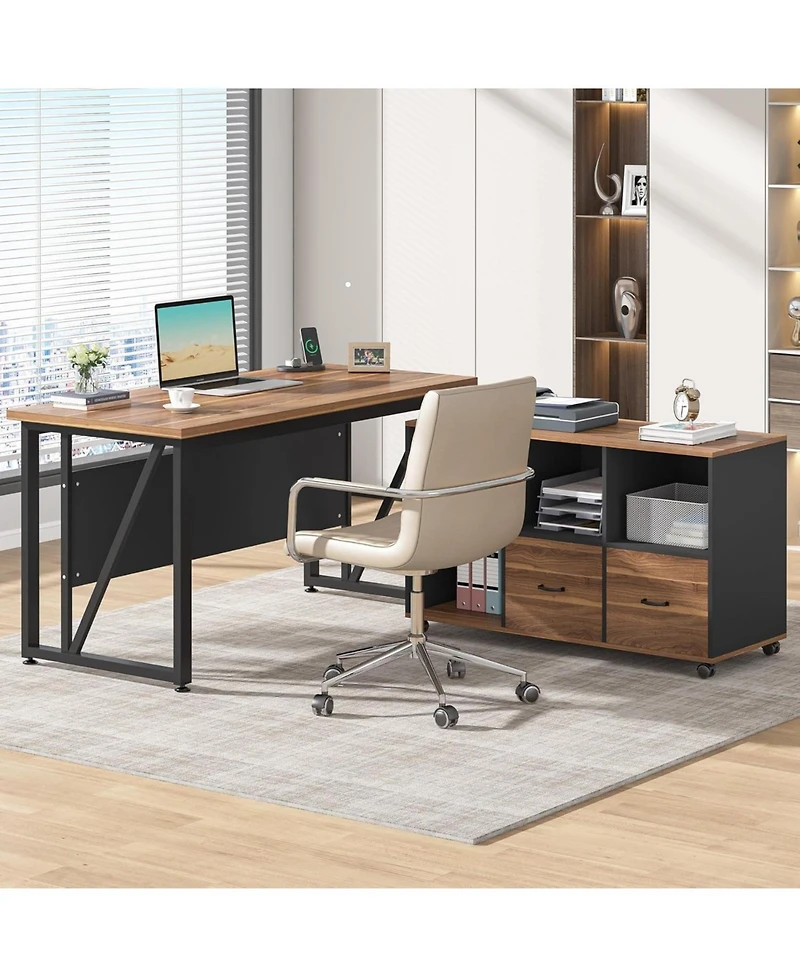 Tribesigns 55-Inch Executive Computer Desk with 43-Inch Lateral File Cabinet, Large Workstation Business Furniture, L Shaped Desk with Drawers and Sto