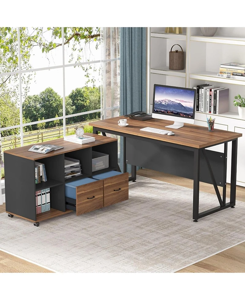 Tribesigns 55-Inch Executive Computer Desk with 43-Inch Lateral File Cabinet, Large Workstation Business Furniture, L Shaped Desk with Drawers and Sto