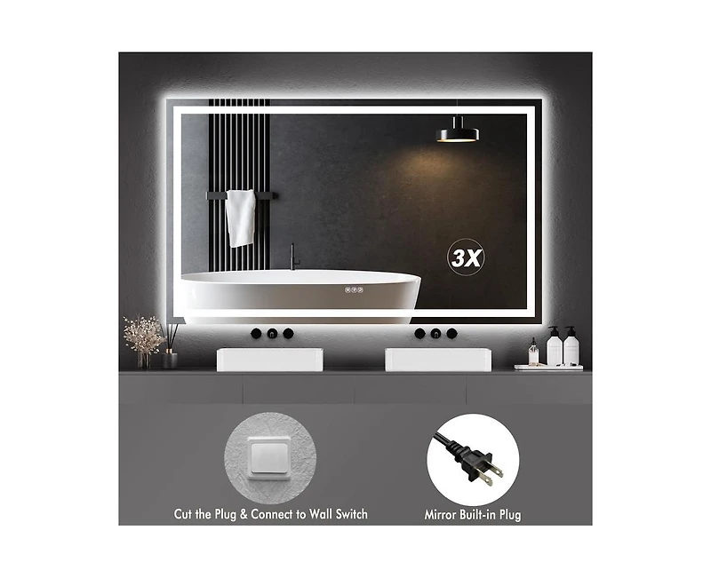 gaomon Led Bathroom Mirror 60X36“ Wall-Mounted Vanity Mirrors Stepless Dimmable Wall Mirrors with 3X Magnification, Anti-Fog, Backlit + Front L