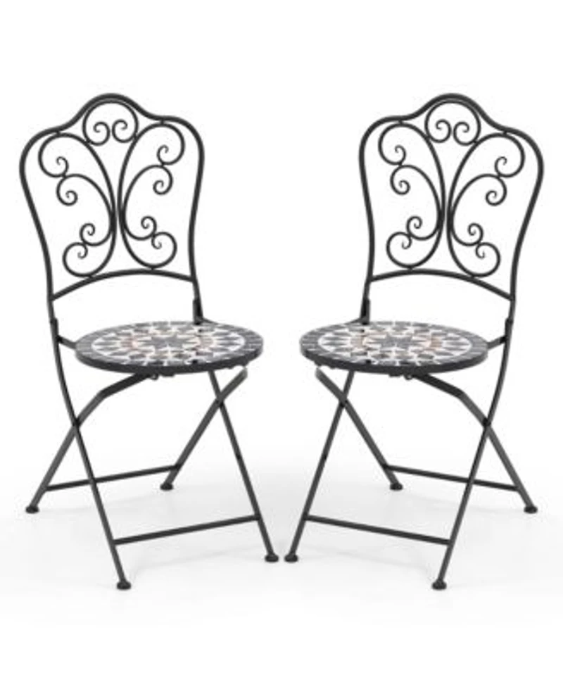 Set Of 2 Mosaic Chairs For Patio With Decorative Backrest Heavy Duty Frame