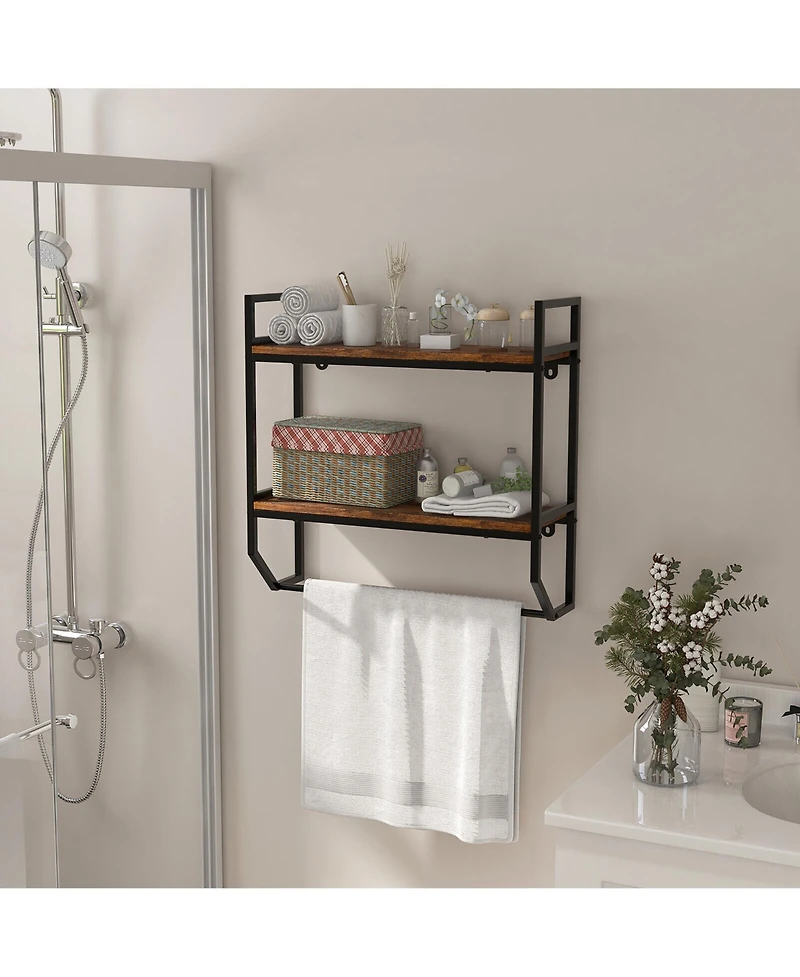 Gymax Wall Mounted Bathroom Shelf Industrial 2-Tier Storage Rack w/ Towel Bar Kitchen