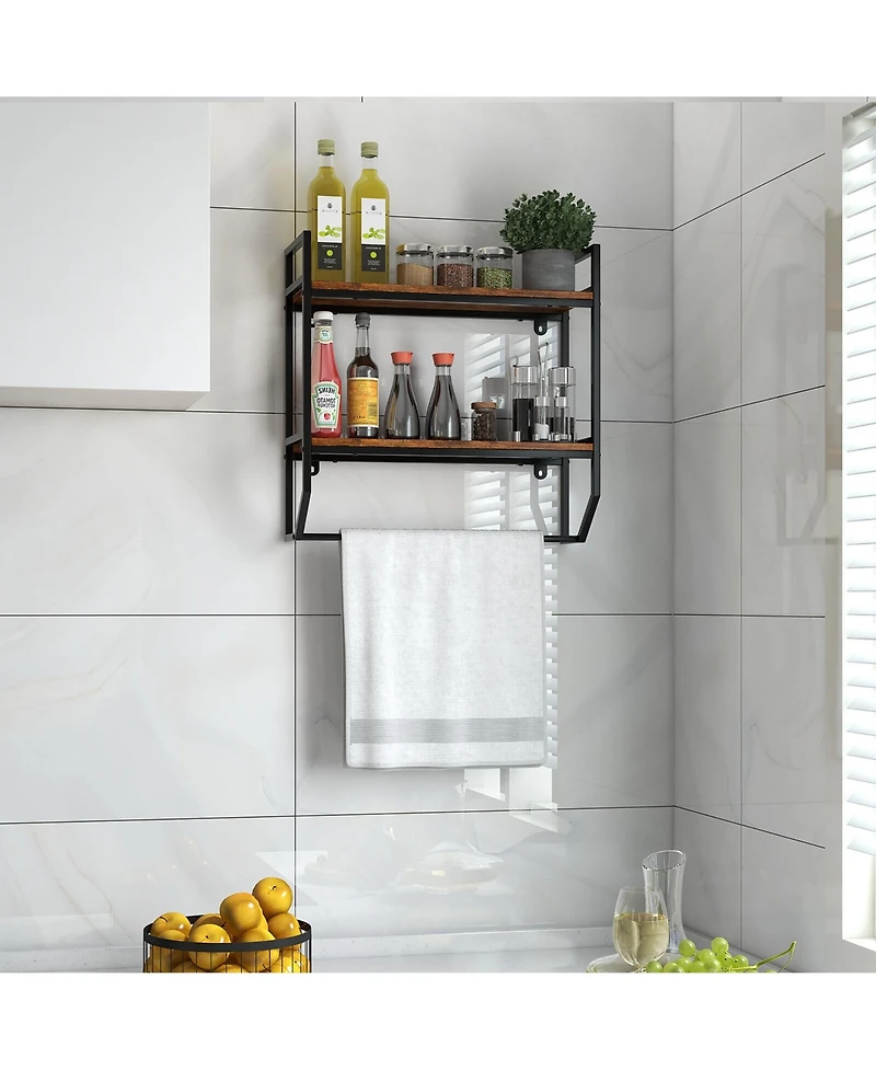 Gymax Wall Mounted Bathroom Shelf Industrial 2-Tier Storage Rack w/ Towel Bar Kitchen