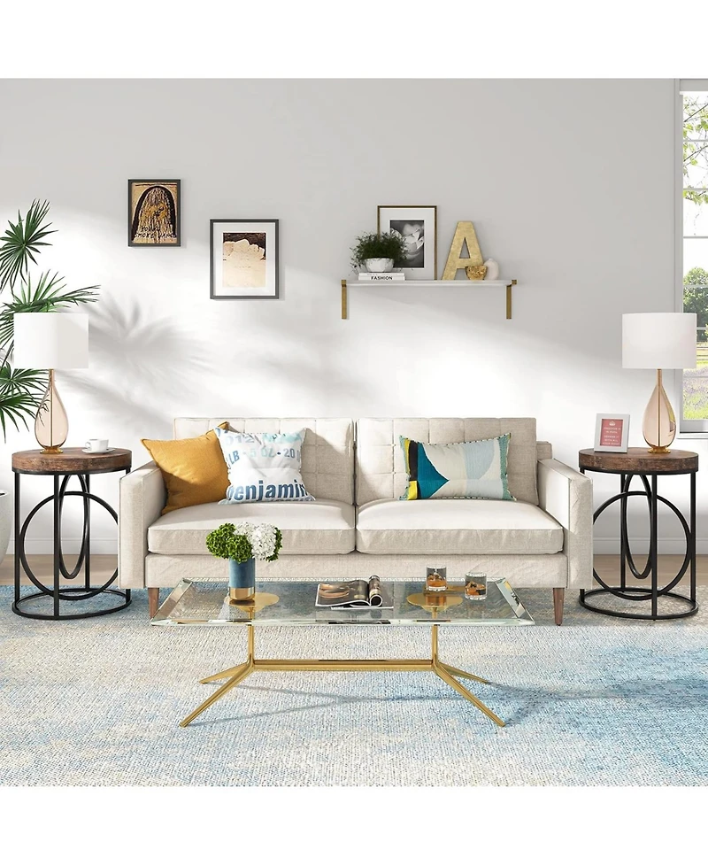 Tribesigns Modern Round End Table Set of Two with Thick Wood Top, 20”Sofa Side Table Coffee Table with Unique Black O-Shaped Base, Midcentury A