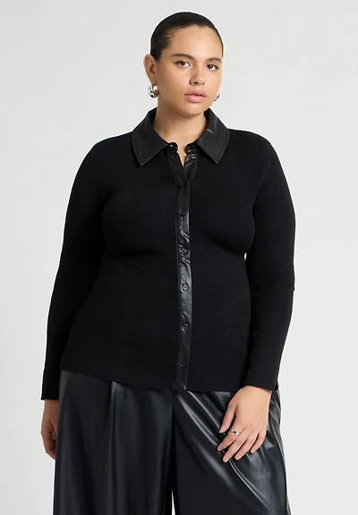 Eloquii Women's Faux Leather Detail Sweater