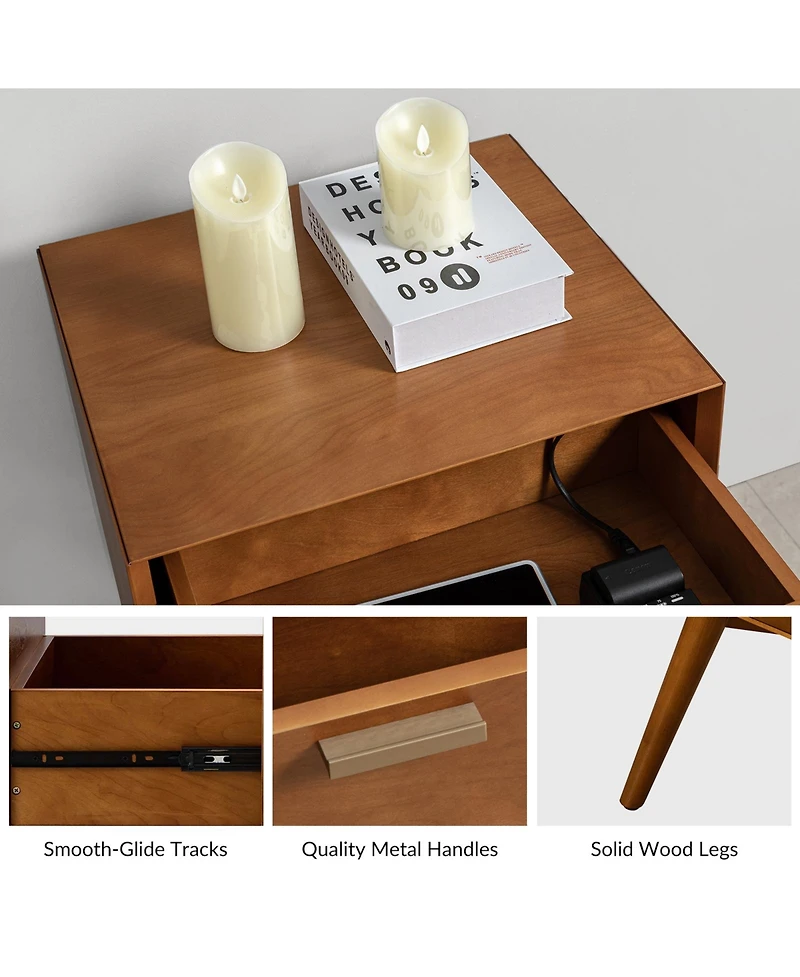 Hulala Home Mid-century ModernIsabel 2-Drawer Nightstand with Built-in Outlets
